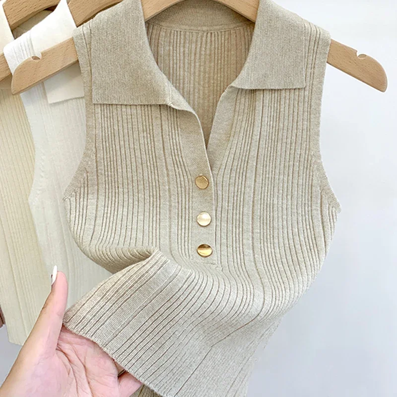 Winter Korean Fashion Sleeveless Sweaters Casual Simple Pullover Vest Casual Sexy Commuting Sweet Button Lapel Vest For Women