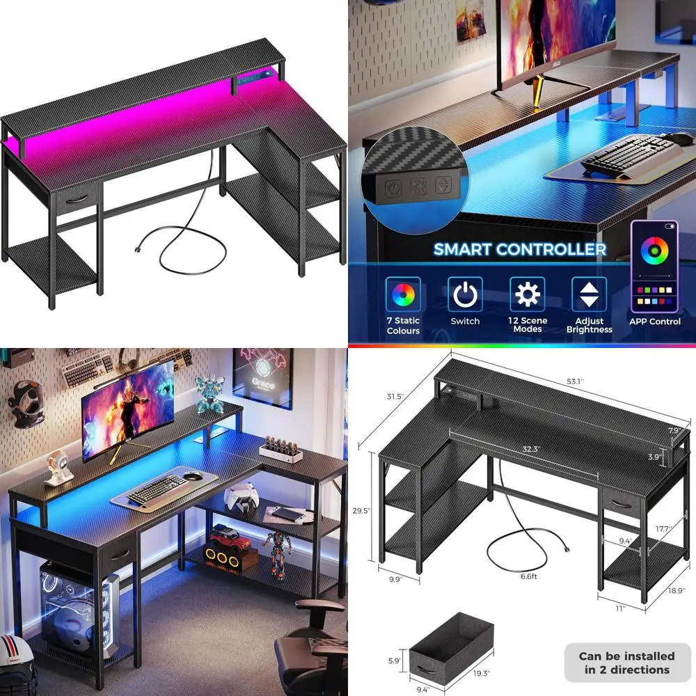 

53 Inch Reversible L-Shaped Desk with LED Lighting and Power Outlets, Computer Desk featuring Shelves and Monitor Stand for Gami