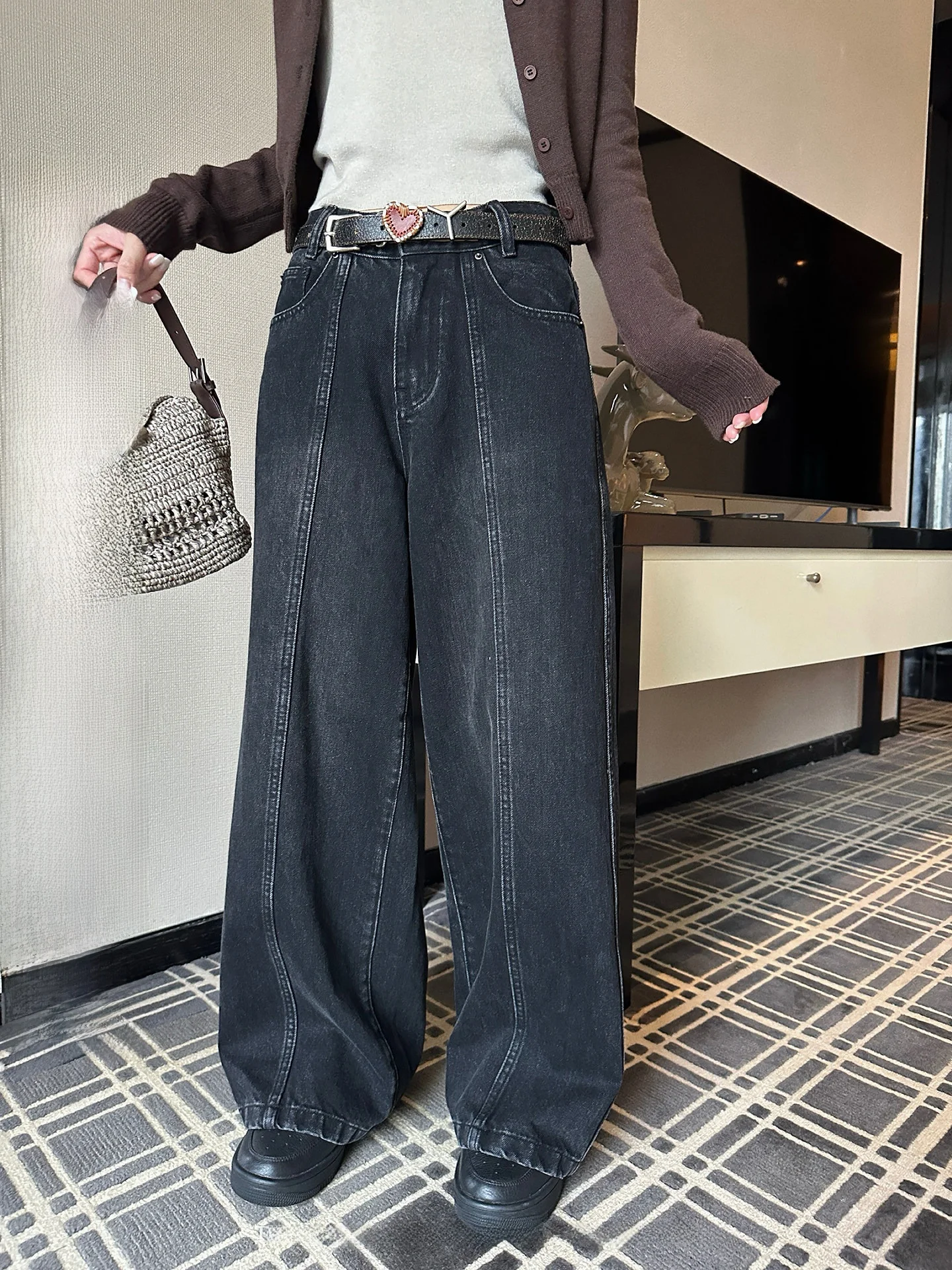 

Женские джинсы с низкой талией, прямые, универсальные, в корейском стиле, широкие, свободного кроя, с эффектом похудения, модные, осенние