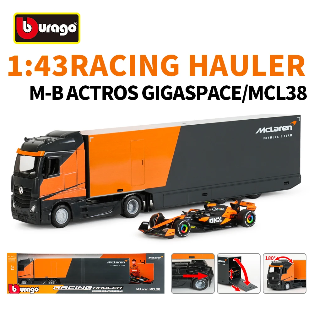 ブラーゴ-1-43-セミトラック-マクラーレンチーム-mcl38-2024-レーシングホール-f1-フォーミュラカー-ダイキャストカー-コレクタブルモデル-レーシングトイ