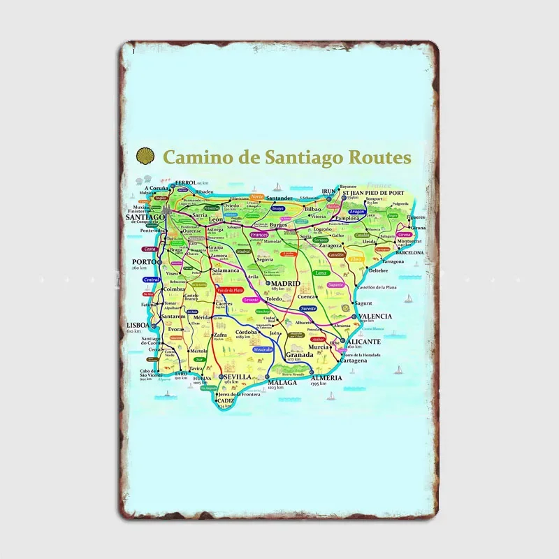 Map of Camino de Santiago Routes in Spain and Portugal Retro Poster Metal Sign Indoor Room Wall Decor Custom Tin Home Decor