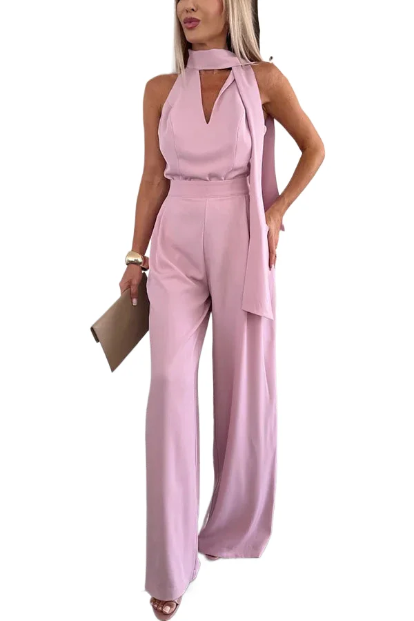 Elegant Office Lady Jumpsuits Spring Summer Fashion Slim V-neck Tie High Waist Sleeveless Solid Color Wide Leg Jumpsuits Women