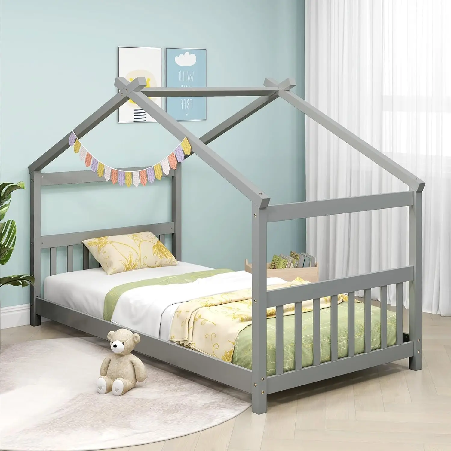 House Bed Twin, Solid Wood Kids House Bed with Roof, Headboard and , Low Floor Twin Bed Frame for Toddlers Teen