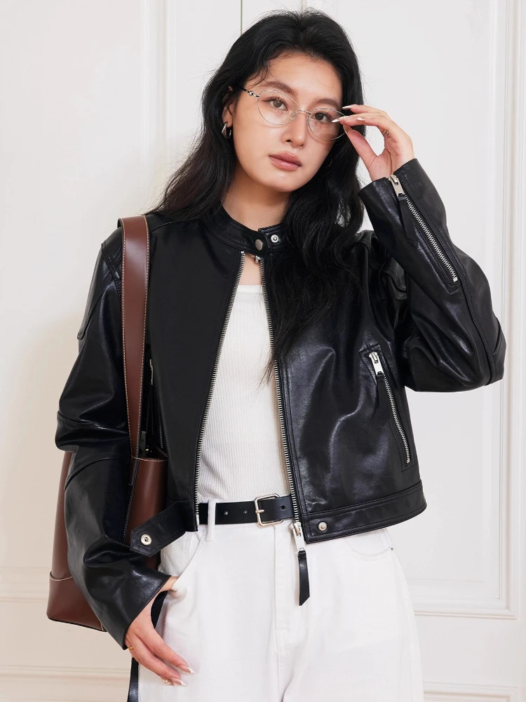 

Slim Short Genuine Leather Motorcycle Jackets for Women Spring Autumn Simple Stand Collar Soft Oil Wax Black Real Sheepskin Coat