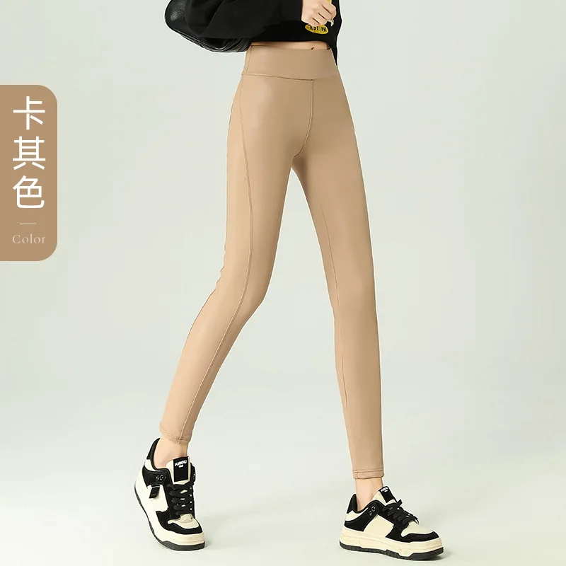 PULeather النساء السراويل الضيقة جديد عالية الخصر رقيقة اقتصاص الصوف مبطن ماتي طماق لباس خارجي طويل رمادي كاكي الشتاء 40-65 كجم