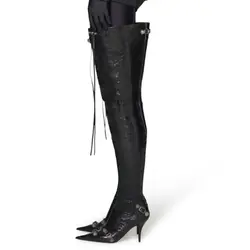 Arden Furtado Four Spring Tassel Over The Knee Boots Pointed Toe Stilettos Heels Side zipper Belt buckle Rivet Modern boots