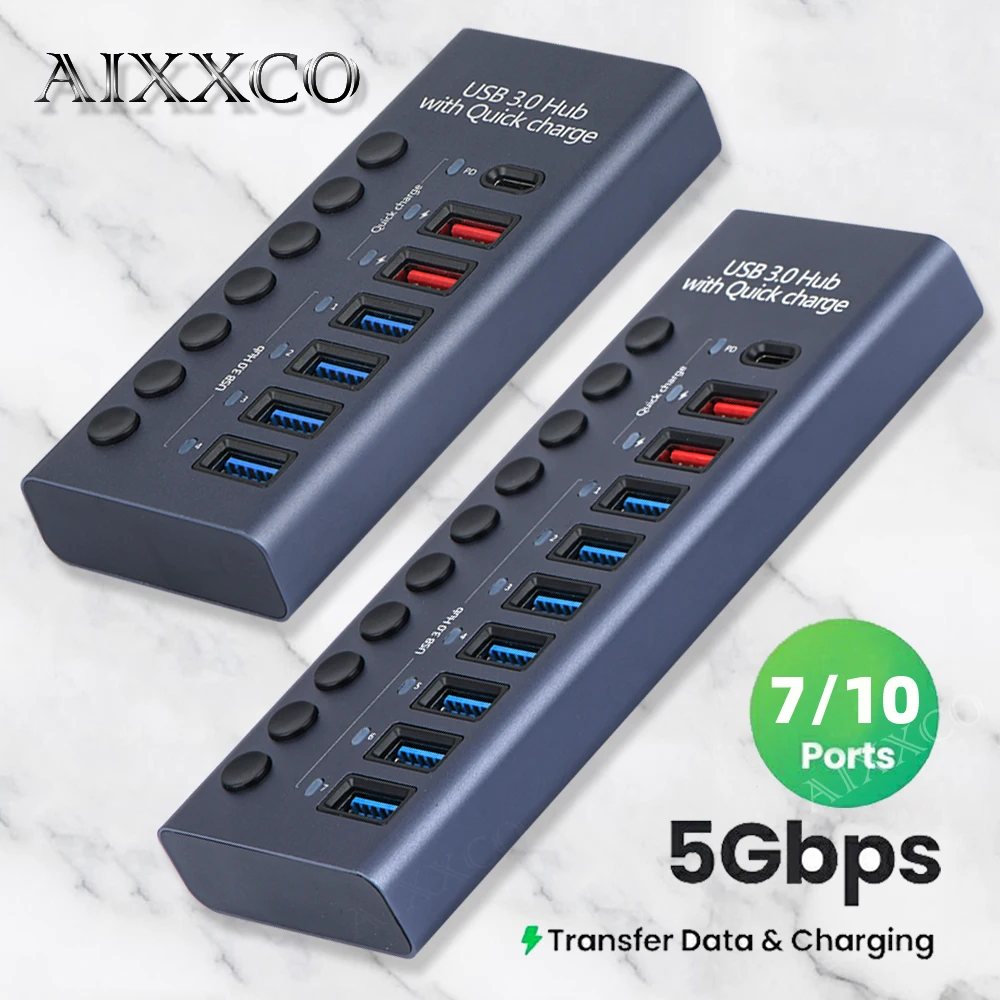 AIXXCO 10 Ports USB3.0 Splitter Computer Extender USB HUB 2.4A Fast Charging PD Port External 12V Power Supply