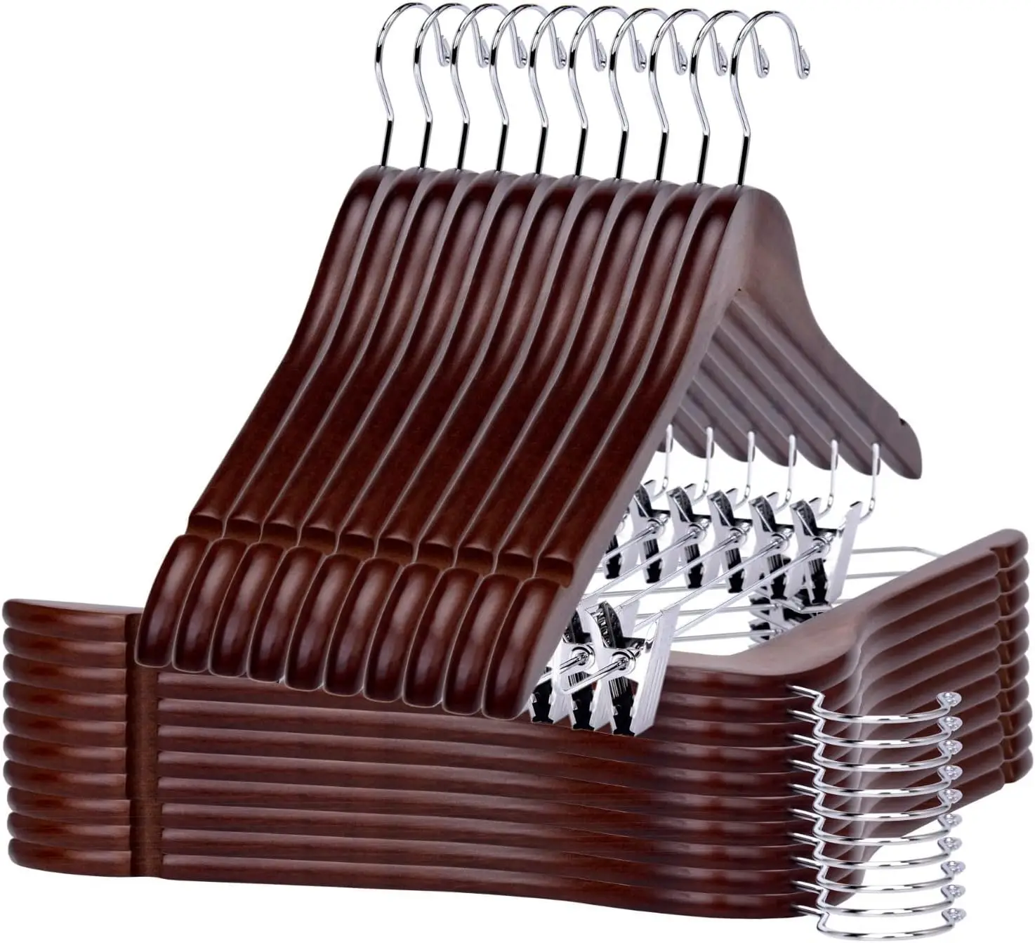 

Wooden Skirt Hangers with Clips, Adjustable Metal Clips, Swivel Hook for Pants and Coats, 20-Pack Walnut