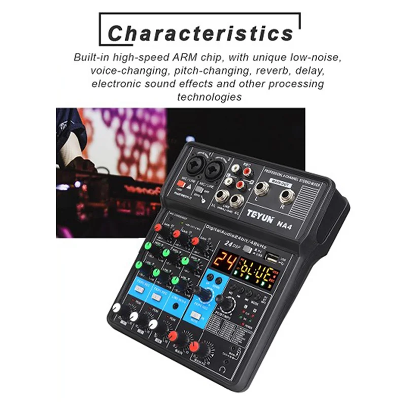 

AB20-TEYUN 4-Channel Sound Mixer Console Computer Input 48V Power Model Number Mixing NA4 Sound Console with EU Plug