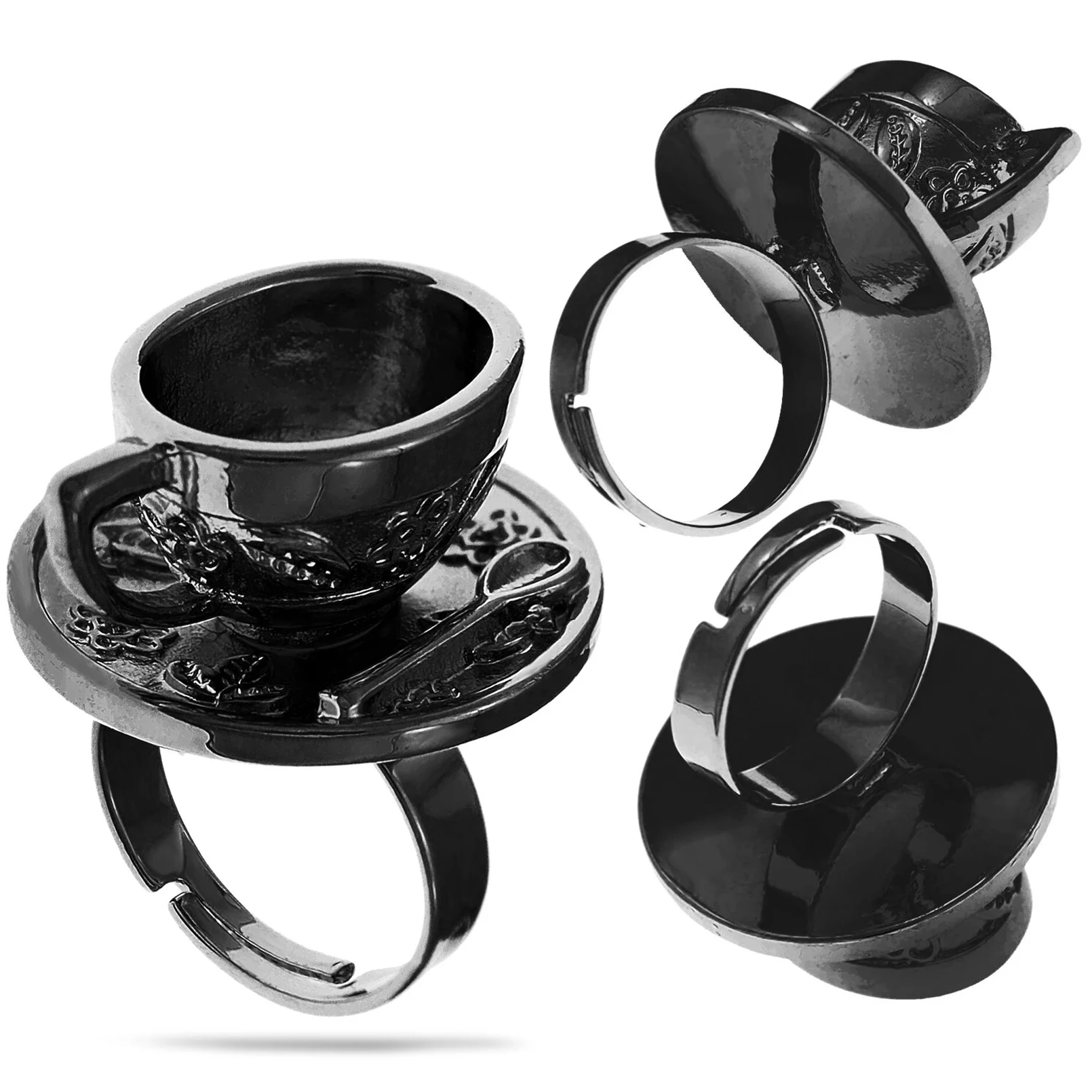 Tea Cup Saucer Ring Black Personalized Vintage Adjustable Rings Alice In Wonderland Cosplay for Men Women for Halloween Jewelry