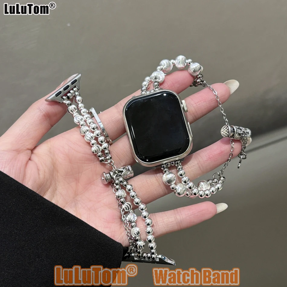 Shiny Silver Beads Bracelet For Apple iWatch Series Band 10 9 8 7 6 5 4 SE Ultra 38 40 41 42 44 45 46 49mm Luxury Jewelry Straps