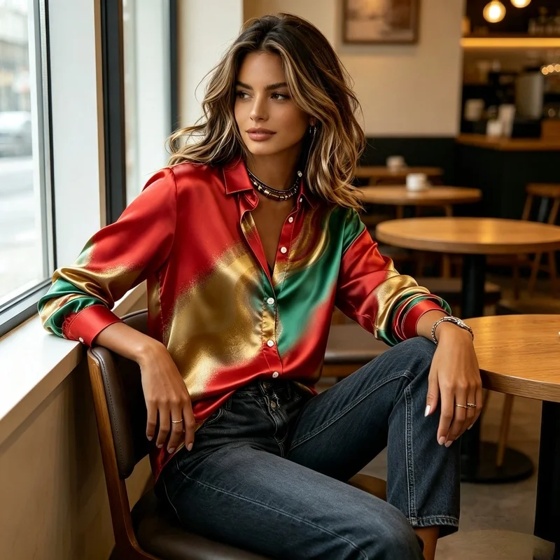 Camisa de satén con estampado digital degradado en rojo, verde y dorado para mujer, camisa de negocios con cuello y botones de manga larga