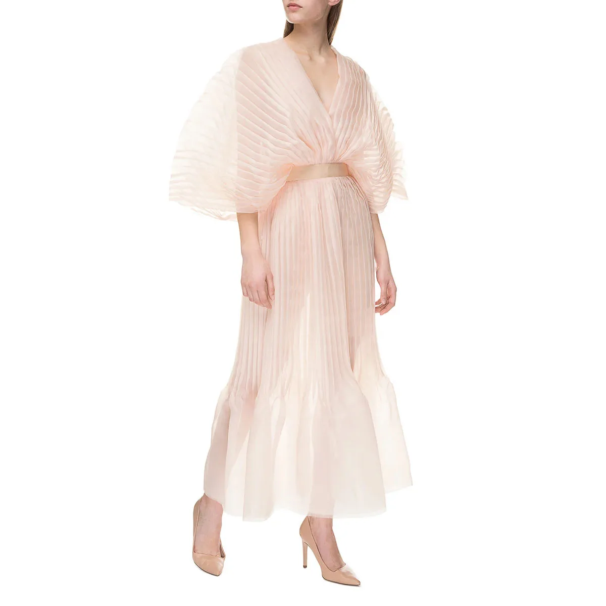 

New Couture Nude Pink Pleated Women Maxi Dresses With Half Sleeves Fashion Ankle Length Folds Party Dress