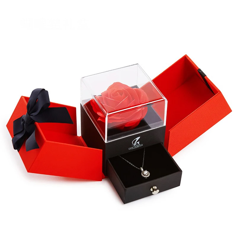 

Double-Open Jewelry Gift Box Tanabata Valentine'S Day Packaging Case Everlasting Rose High-Grade Acrylic Sponge 10.5x9.5x9cm