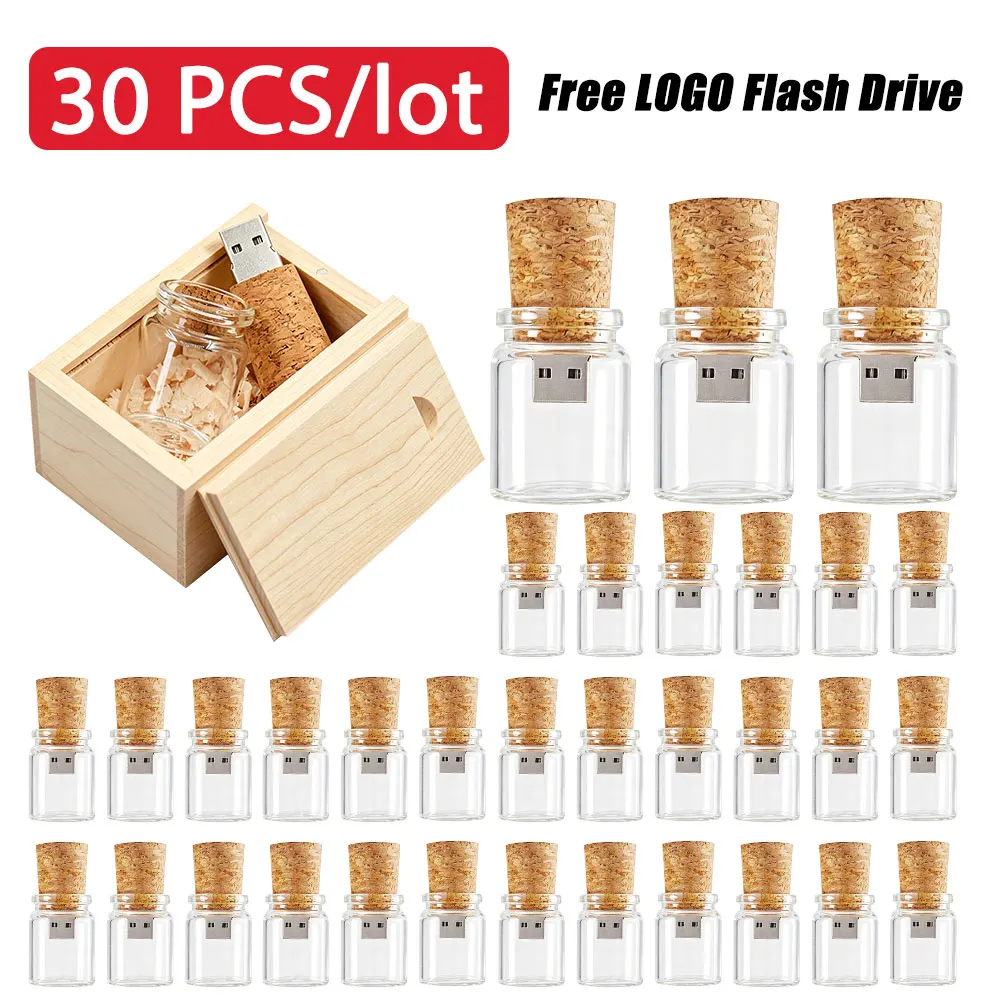 30pcs Free Custom Logo Bottle Usb 2.0 Memory Stick Glass Drift Bottle Usb Flash Drives Wooden Cork Pendrive 16GB 32GB 64GB USB