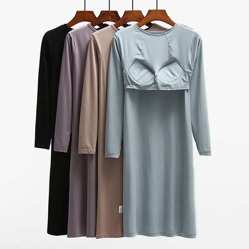 Spring Autumn Nightgowns Women Nightwear New Cotton Long Sleeve Sleepwear Dress Chest Padded Casual Homewear Female Nightshirt