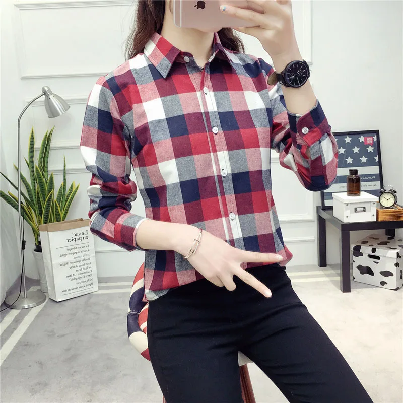 Fine Cotton Casual Women\'s Plaid Shirt 2024 Autumn New Ladies Loose Quality Blouse and Tops Female Long Sleeve Checkered Clothes