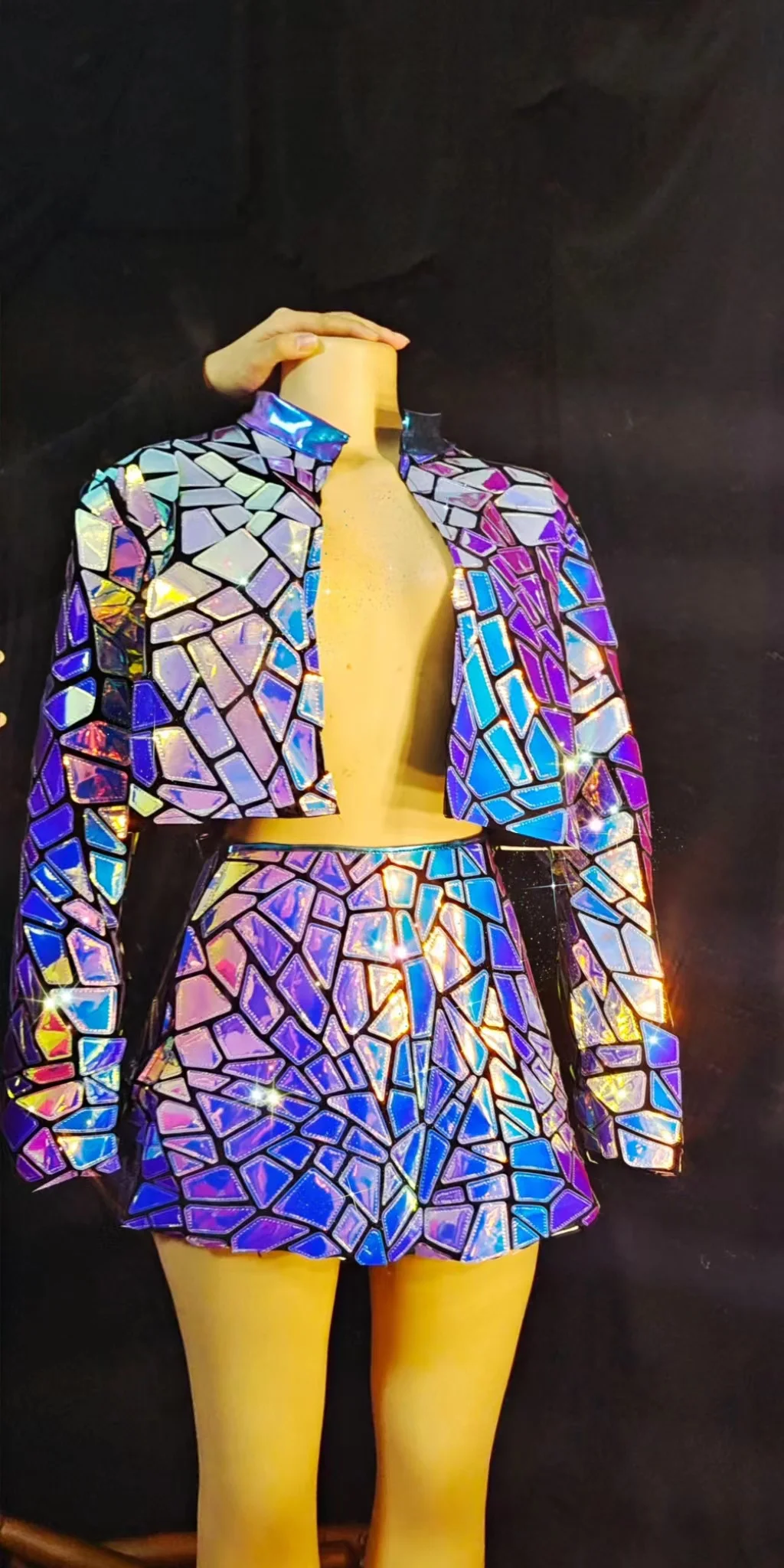 الليزر مرآة الترتر جديد سترة فستان قصير 3 قطعة النساء حفلة عيد ميلاد حفلة موسيقية تظهر زي المغني راقصة بار ملهى ليلي المرحلة ارتداء #3