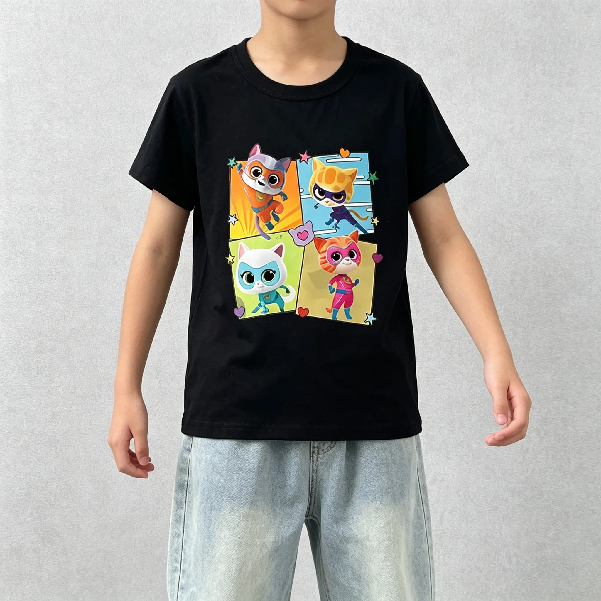 Herren-T-Shirt, Damen-T-Shirt, Jungen- und Mädchen-Top, Erwachsene, Kinder, Eltern-Kind-Baumwoll-T-Shirts, SuperKitties Katzenkostüm, Kinder-Freizeit-Tops