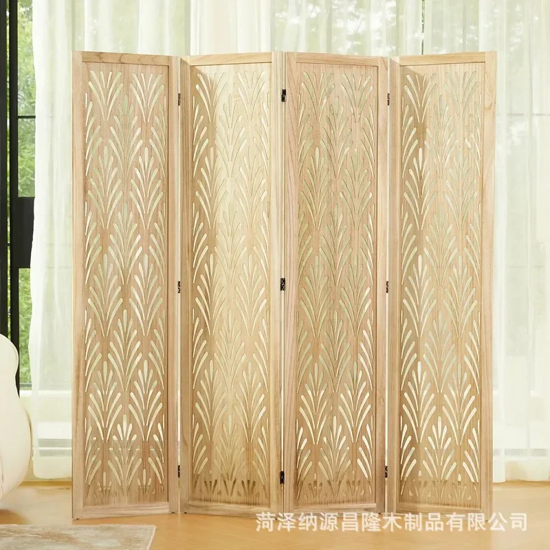 Retro Wooden Hollow Screen Divider Foldable Mobile Partition for Home Office Hotel Porch Room Separation Decor