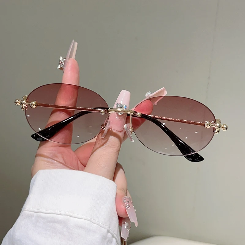 Gm lumias óculos de sol ovais sem aro feminino 2026 nova moda vintage decoração tons na moda marca designer gradiente casual óculos de sol