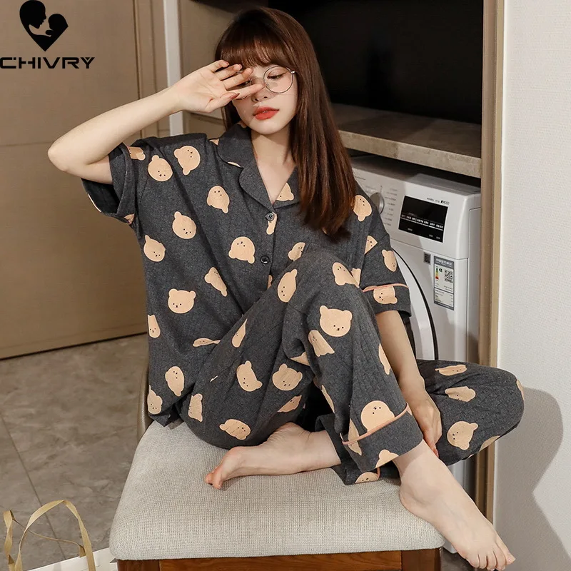 New Maternity Pregnant Women Pyjamas Summer Short Sleeve Lapel Loose T-shirt Tops+Pants Loungewear Pajamas Set Nightwear