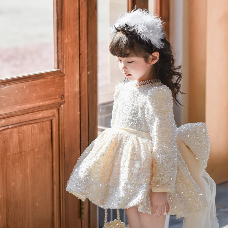 Autumn and Winter Sparkling Skirt for Girls Princess Dress Little Girl's Birthday Clothes Bow Mesh Party Perform Wedding Dress