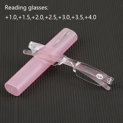 Small Ultra Light Rimless Pen Holder Reading Glasses With Pen Tube Case Men Women Portable Pocket Reading Eyewear Presbyopia