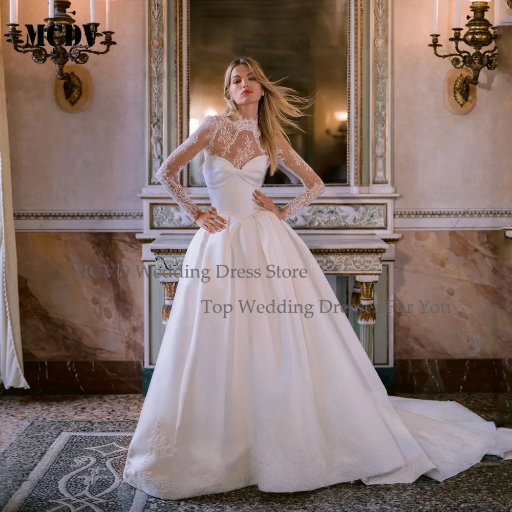 

Vintage Satin Bride Gowns Full Sleeve A-Line Lace Reception Wedding Dresses For Bride Satin vestidos de novia 2026 Customized