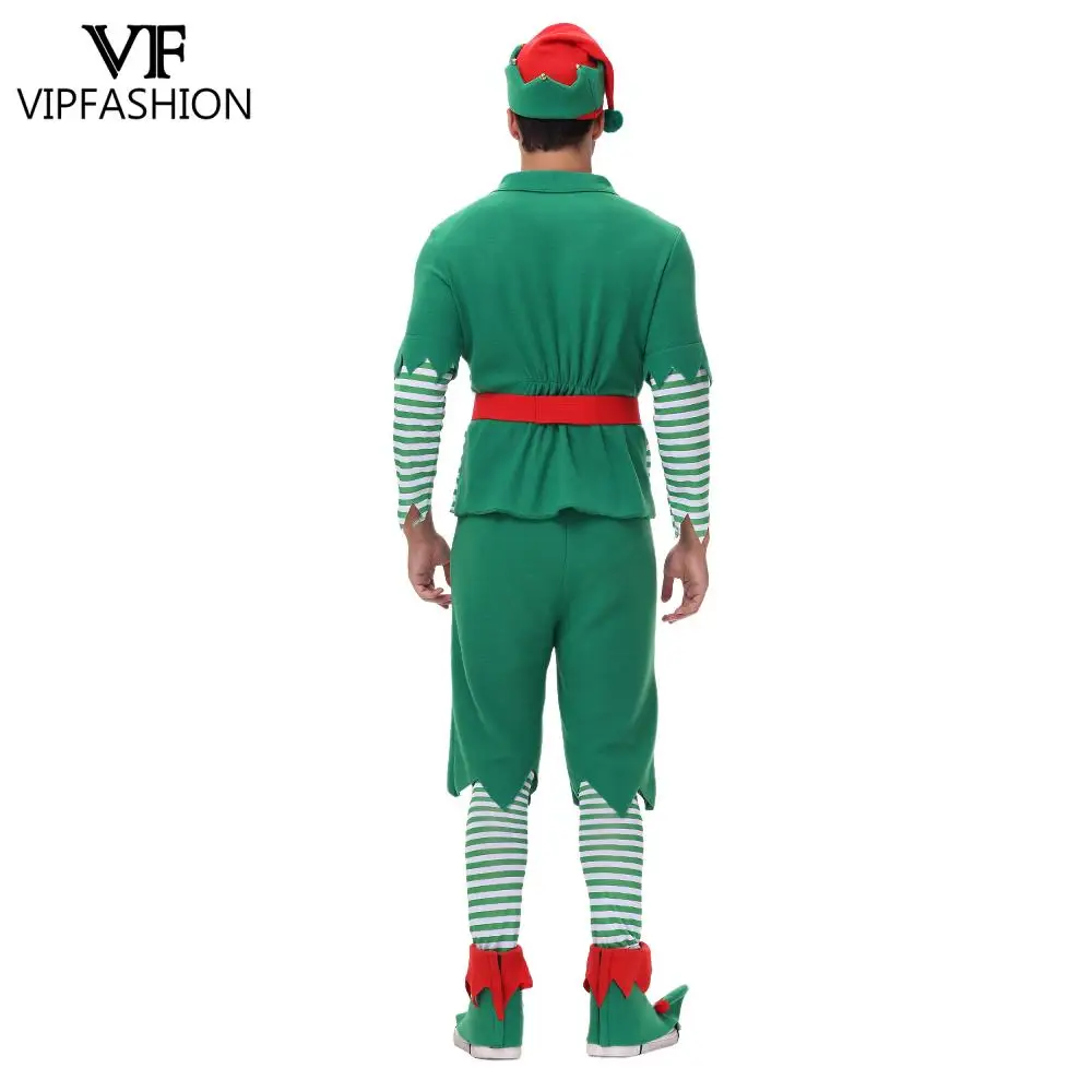 VIP FASHION Men Christmas Elf Costume with Hat Stockings Shoe Covers Belt Fancy Xmas Party Dress Up Outfit Male Festival Clothes