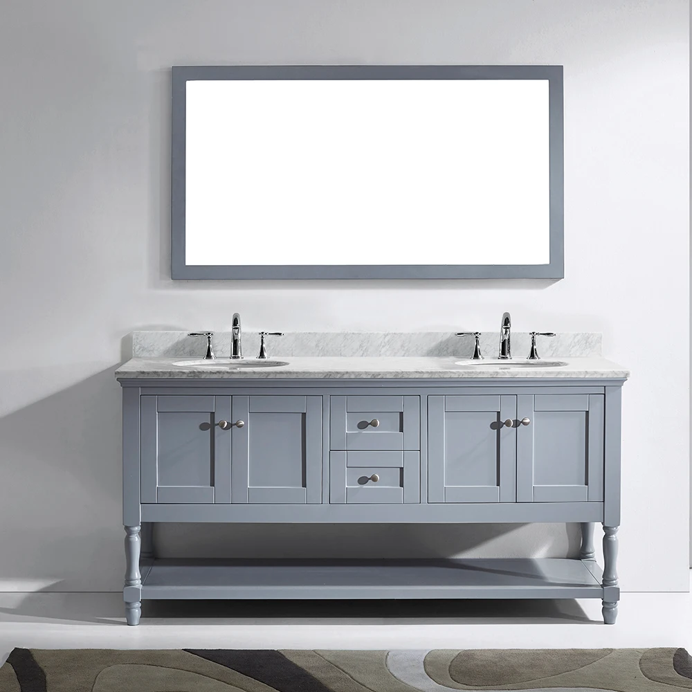 One Piece Big Mirror Shake Light Grey Bathroom Vanity With Marble Counter