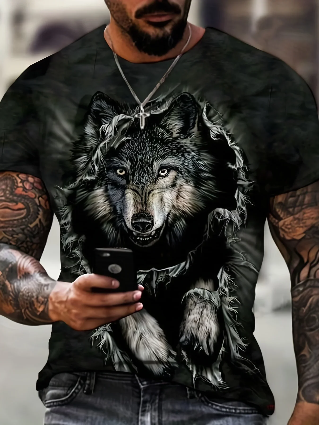 Summer Animal Wolf 3d Printed Men\'s T-shirt Round Neck Fashion Streetwear Casual Short Sleeve Top Tees Oversized Men Clothing