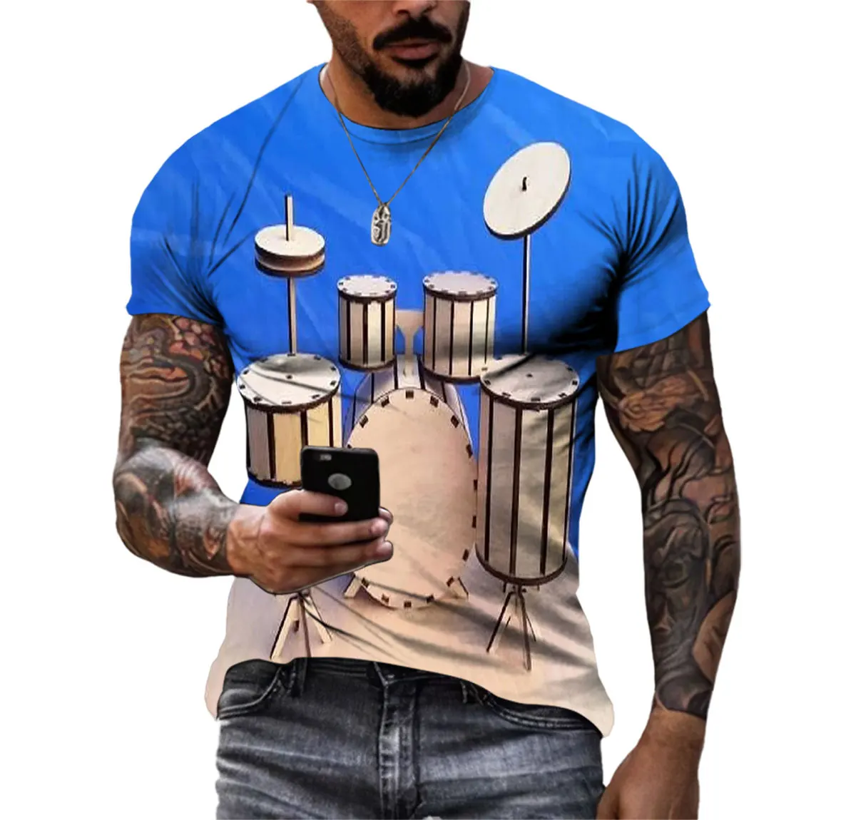 Summer Hip-Hop Color Drum Kit 3d Printed Men\'S T-Shirt Party Large Size Short Sleeve Premium Quick-Drying Comfortable Clothing