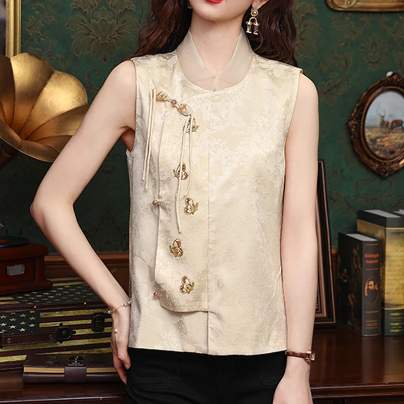 Women Vintage Chinese Style Stand Collar Elegant Shirt 2024 Summer Satin Jacquard Sleeveless Blouse Casual Slim Chic Tops Blusas