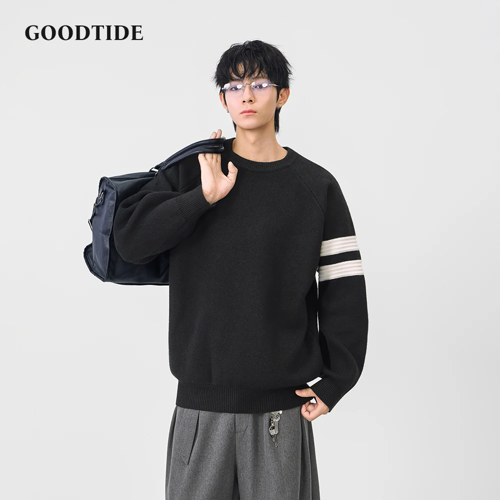 

2025 Winter Fashion Men's Casual Crew Neck Sweater Stripe Sleeve Raglan Sleeve Knitted Pullover Soft Long Sleeve Jumper Top