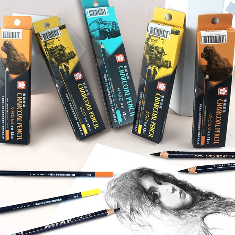 Sakura 12Pcs/Set Profession Charcoal Wooden Pencil Sketch Drawing Soft/Medium/Hard Wood Pencils Artist Student Art Stationery