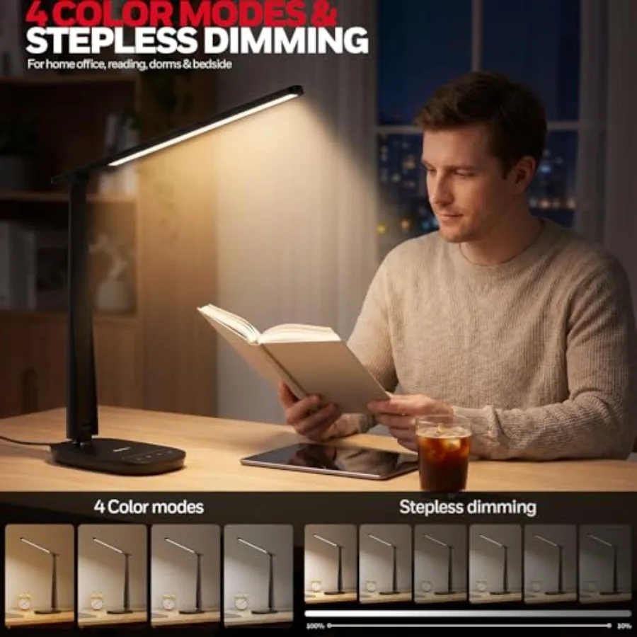 LED Desk Lamp for Home Office, Eye-Caring Dimmable Reading Light with 4 Color Modes, Touch Control, USB-A and USB-C Charging Po view 3