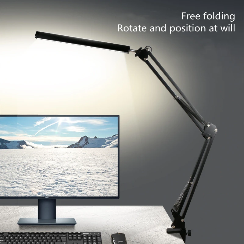 LED Folding Metal Desk Lamp Clip on Light Clamp Long Arm Diming Table Lamp 3 Colors Adjustable For Living Room Reading Computers