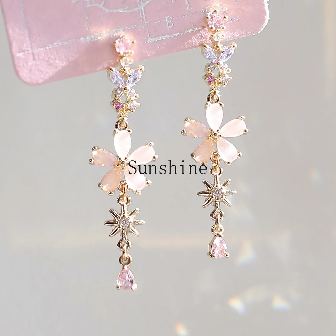 Cherry blossoms rain down, super fairy exquisite light luxury inlaid with colored zircon silver needle gold-plated stud earrings