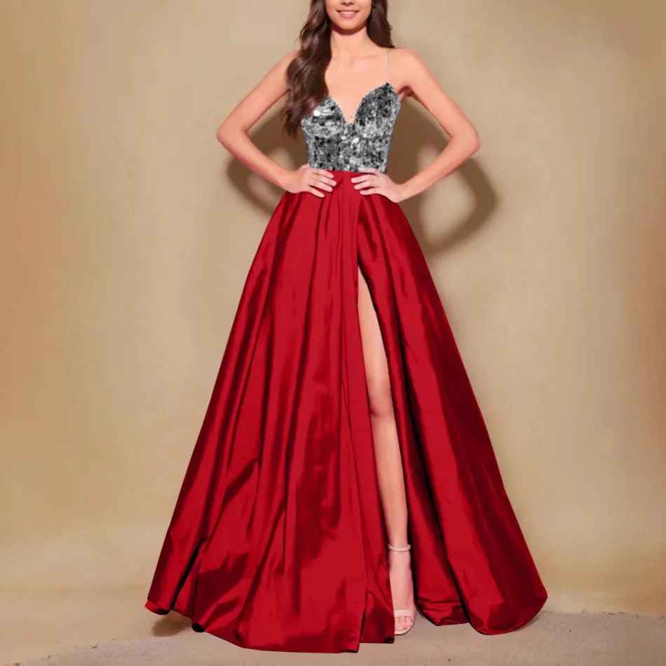 2025 جديد مزدوج اللون الترتر سبليت مثير خارج على الكتف العميق الخامس الرقبة الكرة ثوب مساء اللباس