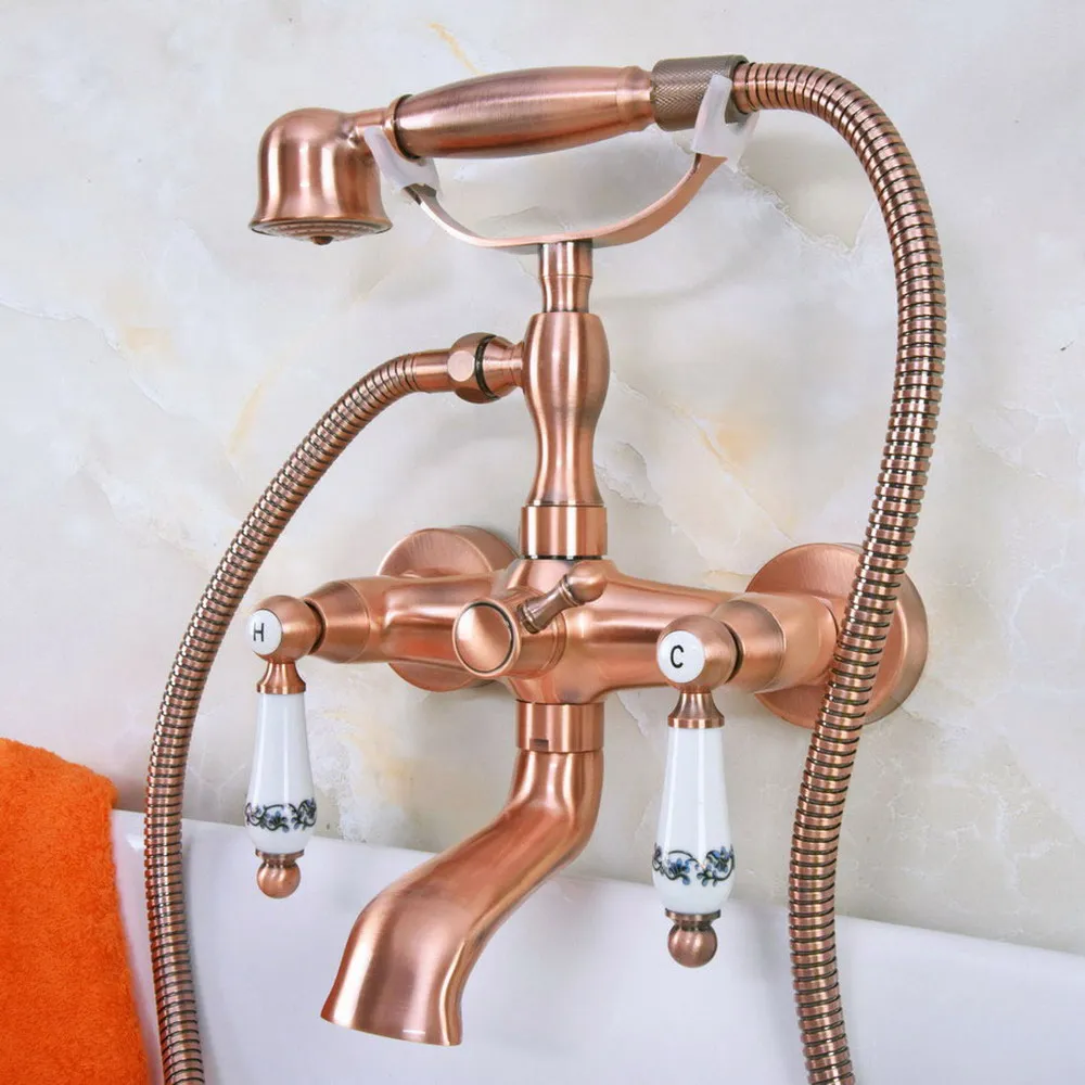 Antique Red Copper Wall Mount Dual Ceramic Handles Bathtub Faucet Telephone Style Tub Shower Mixer Taps