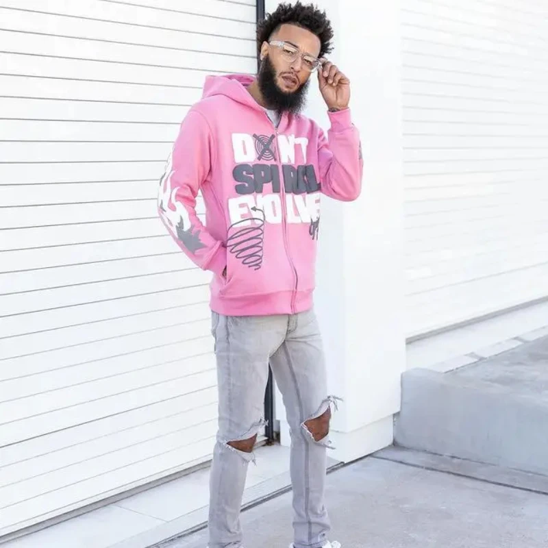 

Harajuku Jacket Letter Print Coat Men Jackets pink Zip Hooded Sweatshirt Unisex Oversized Long-sleeved Zipper Top Casual Hoodies