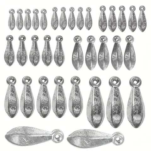 35pcs Various tear-shaped lead weights with rings, ranging from 1/8 ounce to 2 ounces - extremely suitable for sea fishing