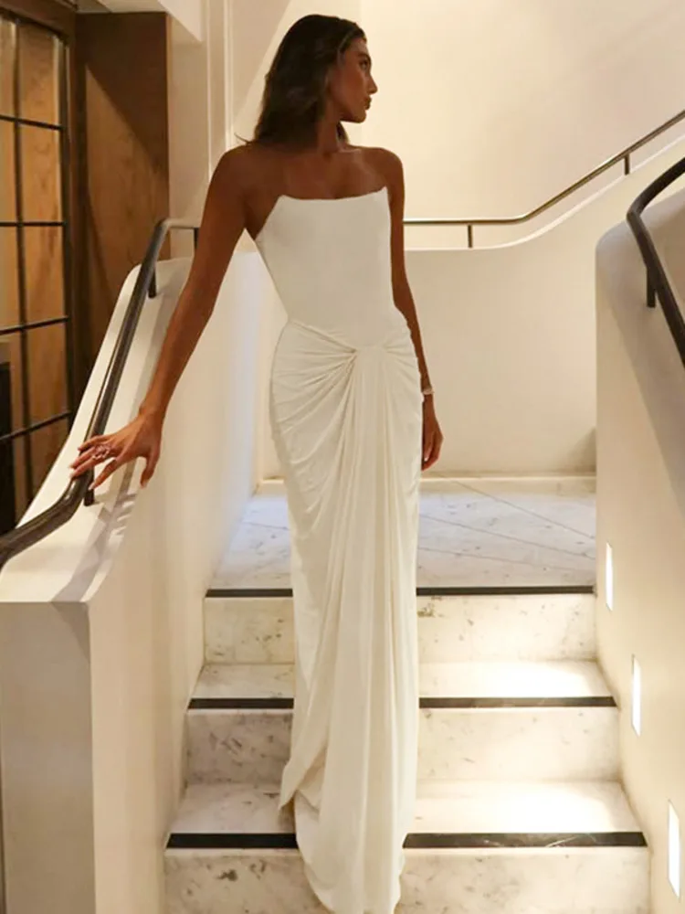 Mozision Off-shoulder Strapless Sexy Maxi Dress Women Gown Sleeveless Backless Draped Ruched Bodycon Club Party Long Dress