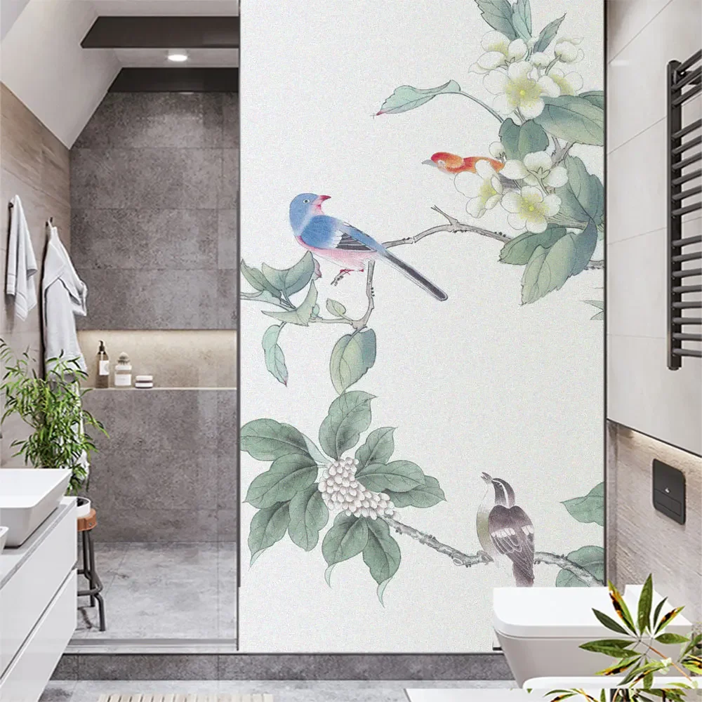 Static Cling Window Film Privacy Flowers And Birds Non Glue Frosted Glass Sticker  Window Coverings for Homedecor