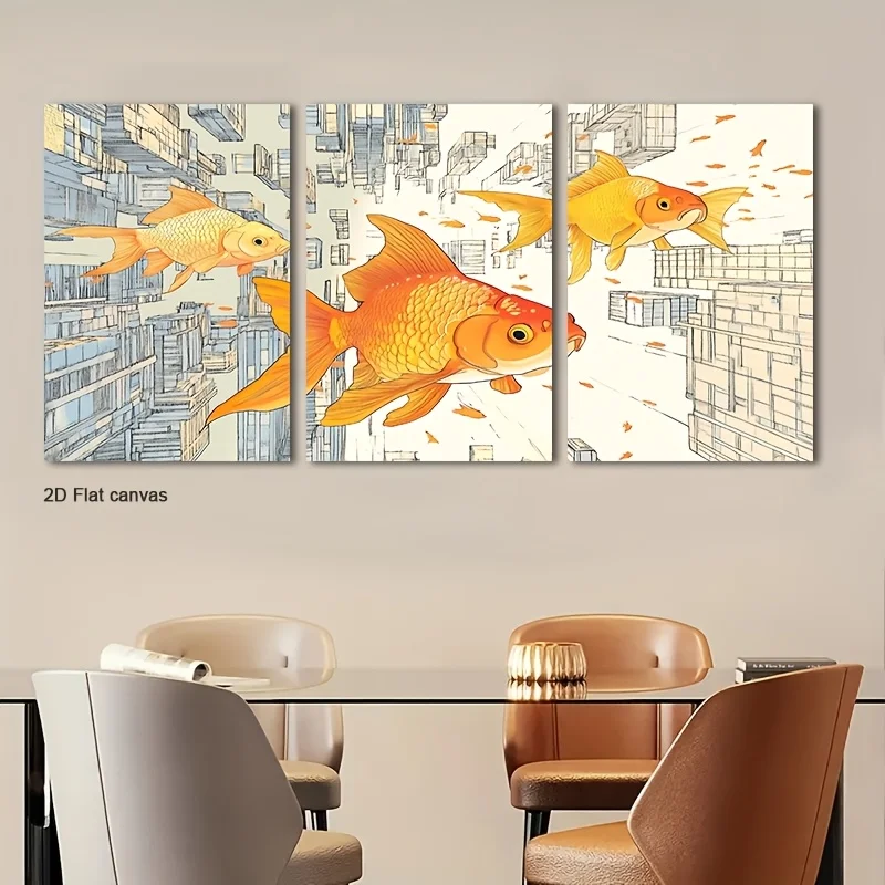 Frameless canvas [2D Flat] 3pcs Goldfish In Urban Sk Canvas Wall Art | Suitable For Room, Office, Home, Wall Art, Bathroom De