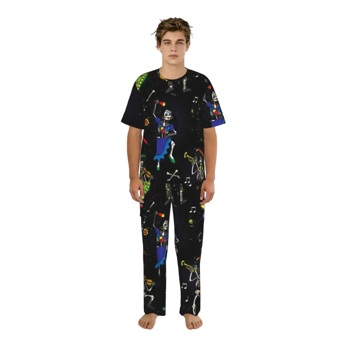 

Men's short-sleeved pajamas two-piece trousers Day Of The Dead Dia De Los Muertos Pattern home wear suit sleepwear