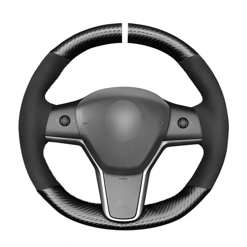 

Hand Sew Soft Black Suede PU Carbon Fiber Car Steering Wheel Cover for Tesla Model 3 2017 2018 2019 2020