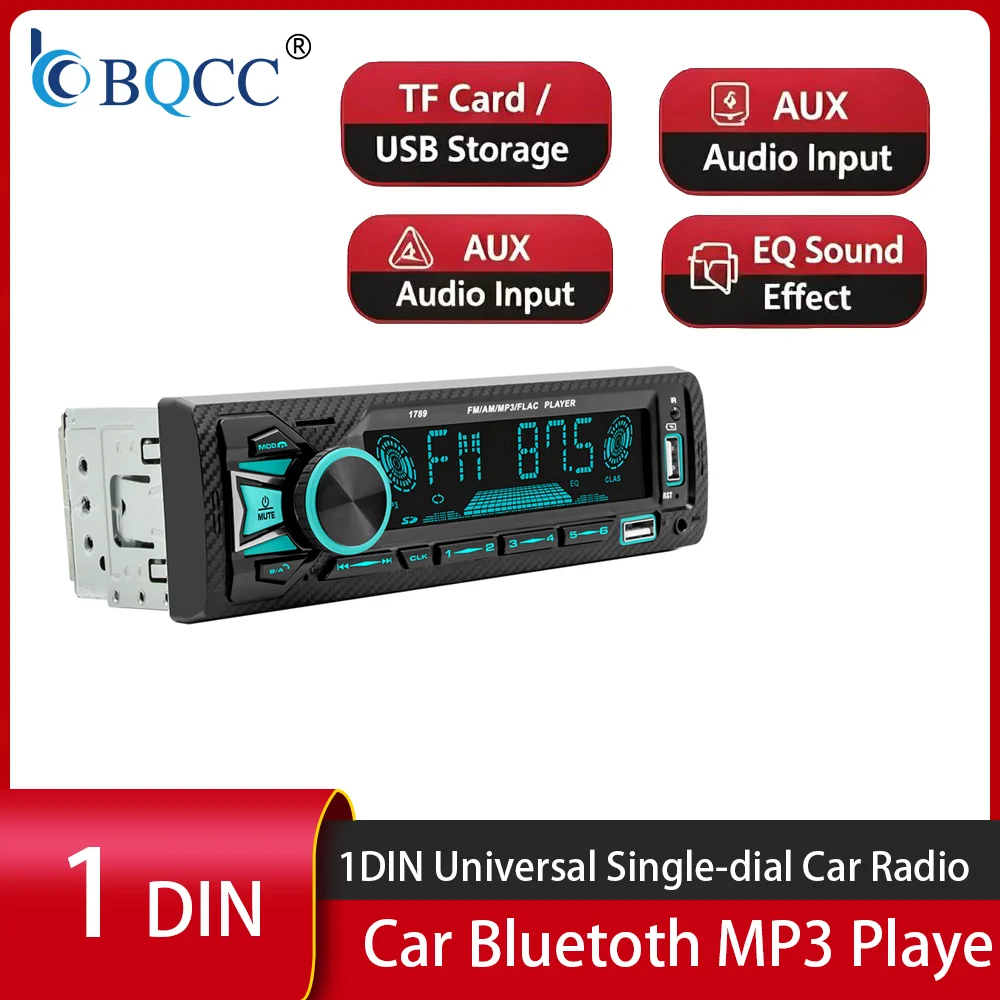 BQCC 1789 TDA7388 High Power 1DIN Car Stereo Bluetooth FM AM RDS Radio RCA Subwoofer 7‑Color Light 12V MP3 Player
