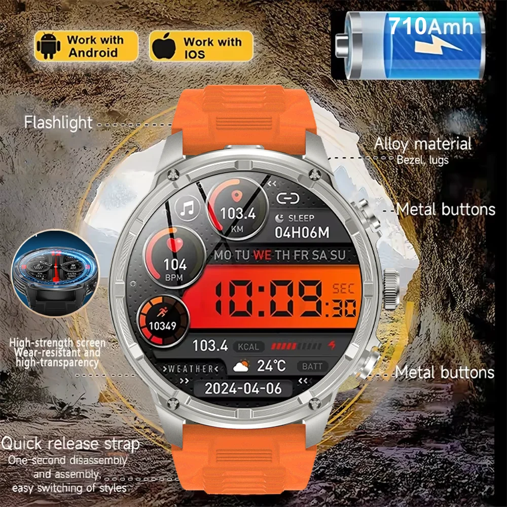 Новинка 2025 года, мужские военные уличные умные часы с аккумулятором 710 мАч TREX3, 1,85-дюймовый HD светодиодный фонарик, водонепроницаемые умные часы с Bluetooth и вызовом Новинка 2025 года, мужские военные уличные умные часы с аккумулятором 710 мАч TREX3, 1,85-дюймовый HD светодиодный фонарик, водонепроницаемые умные часы с Bluetooth и вызовом